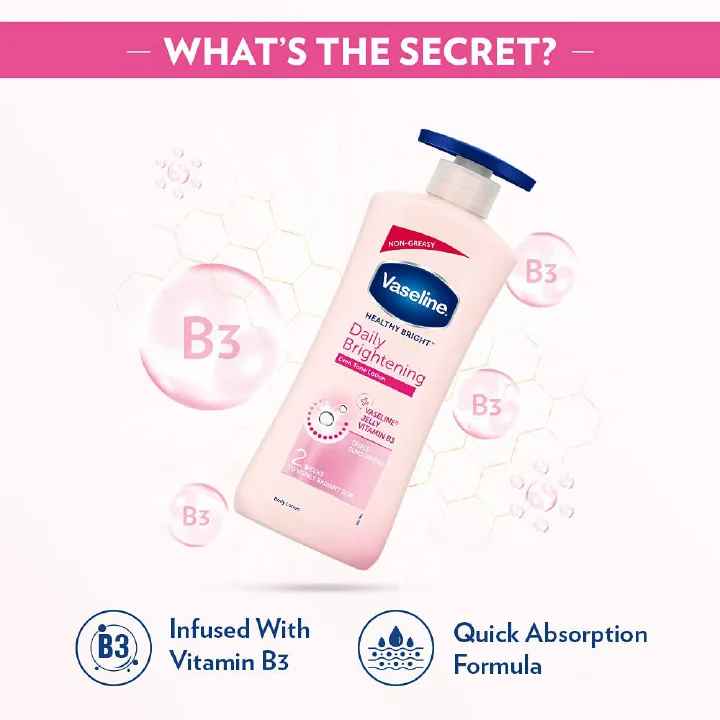Vaseline Daily Brightening Body Lotion 600 ml – Fast-Absorbing Hydration with Vitamin B3, Triple Sunscreen & Vaseline Jelly – Evens Tone, Restores Radiance & Repairs Dry Skin