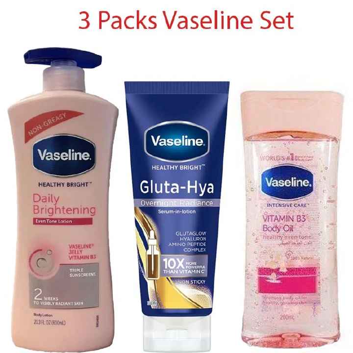 3 Packs Vaseline Set Daily Brightening Even Tone Body Lotion + Overnight Serum + Vaseline Body Oil for Glowing Skin, with Vitamin B3 - 400ml For Radiant Looking Skin in 2 Weeks Vaseline Body Lotion