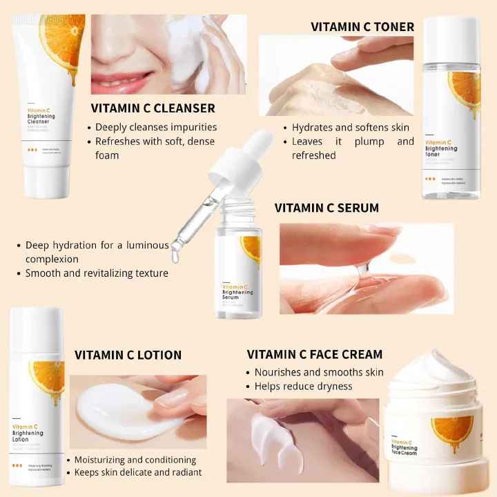 5PCS Vitamin C Skin care Set– SA-DOER Skin Care Set with Cleanser, Toner, Serum, Lotion & Face Cream, Hydrating Brightening Skincare Gift for Women and Men, Travel Size