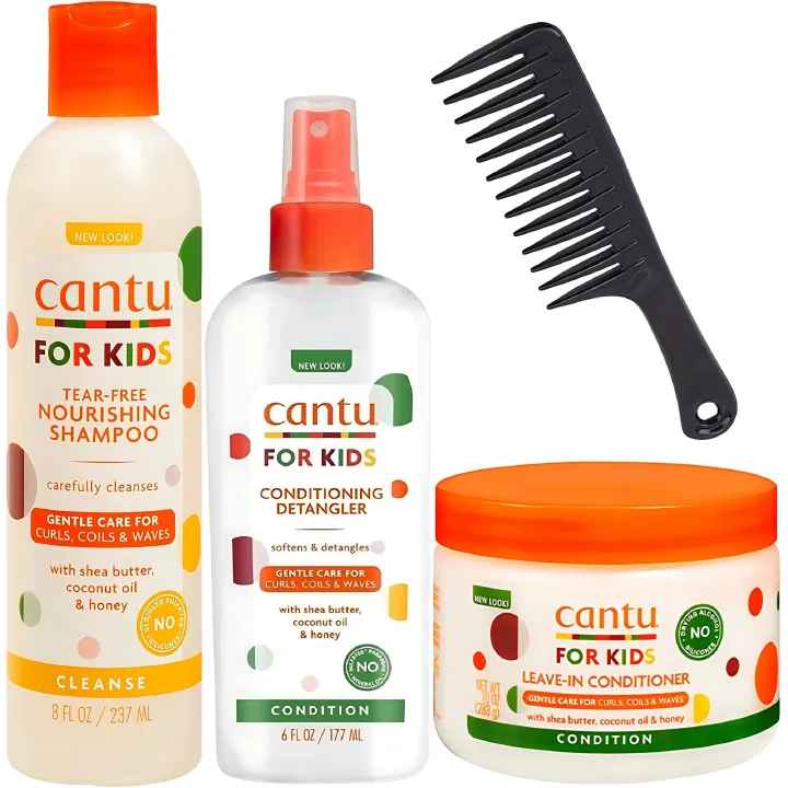 CANTU care for kids complete Curly Hair Products Bundle – Cantu Kids Leave-In Conditioner, Nourishing Cantu Shampoo, Conditioning Detangler Spray & Wide-Tooth Comb for Easy Styling & Healthy Curls