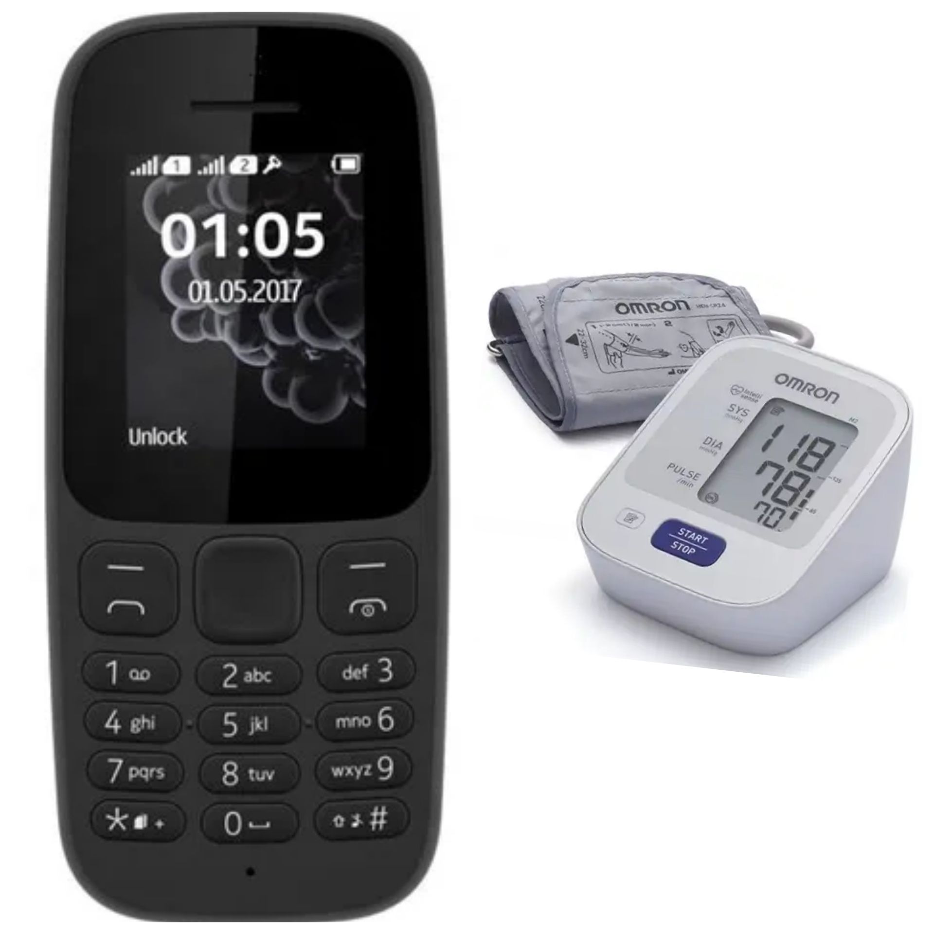 Nokia Nokia105 1.77" Dual SIM with FM Radio and Torch + Original Omron M1 Basic Blood Pressure Self-Monitoring Machine (Limited Offer)