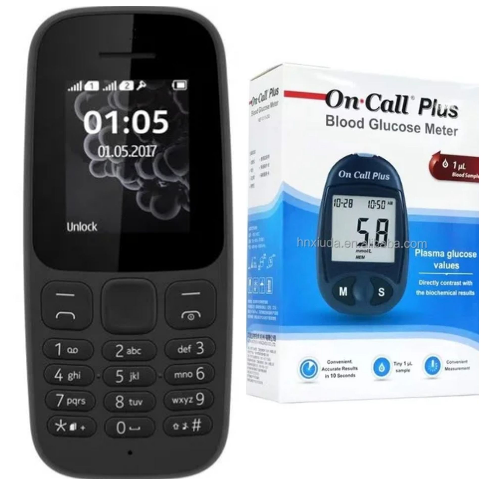 Nokia Nokia105 1.77" Dual SIM with FM Radio and Torch + On Call Plus Glucometer With 50 Strips And 100 Lancets)