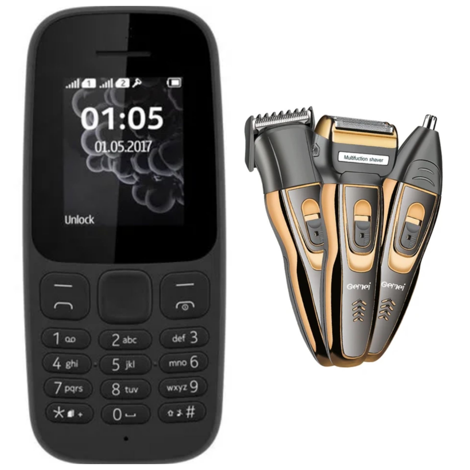 Nokia Nokia105 1.77" Dual SIM with FM Radio and Torch + Geemy Rechargeable Shaving Machine, Finishing Trimmers 3 In 1