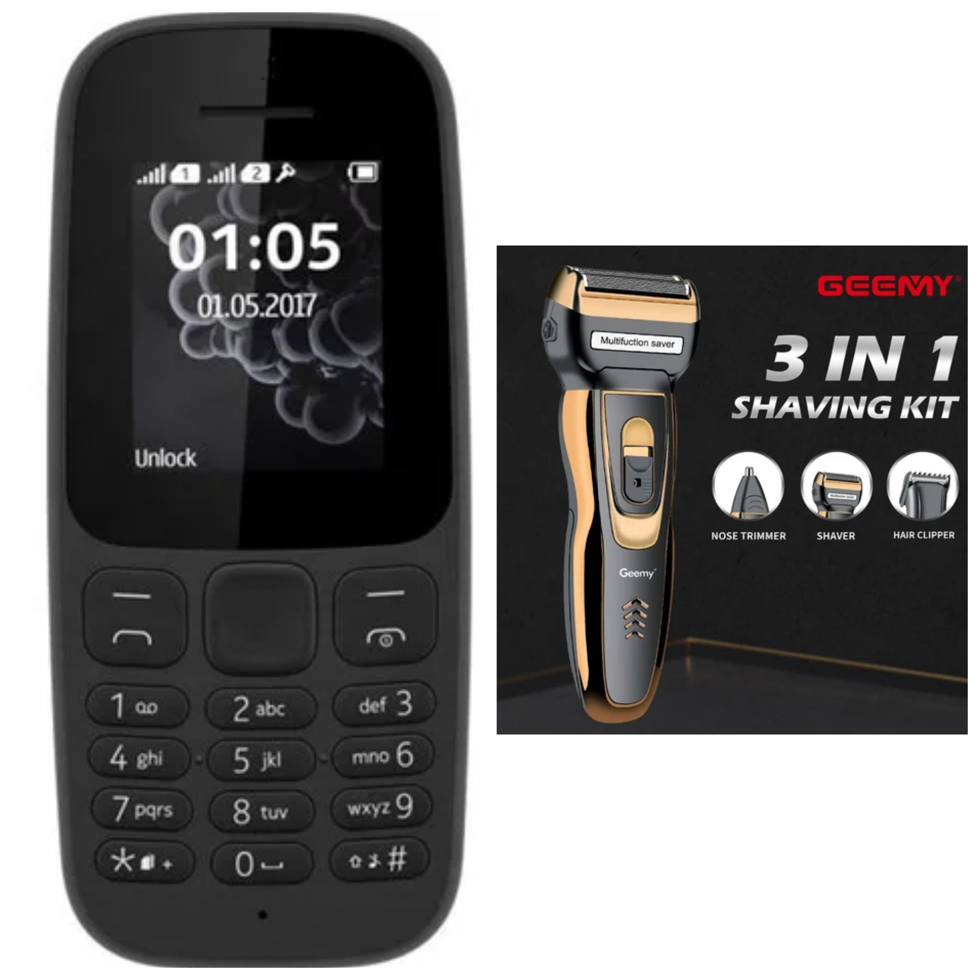 Nokia Nokia105 1.77" Dual SIM with FM Radio and Torch + Geemy Rechargeable Shaving Machine, Finishing Trimmers 3 In 1