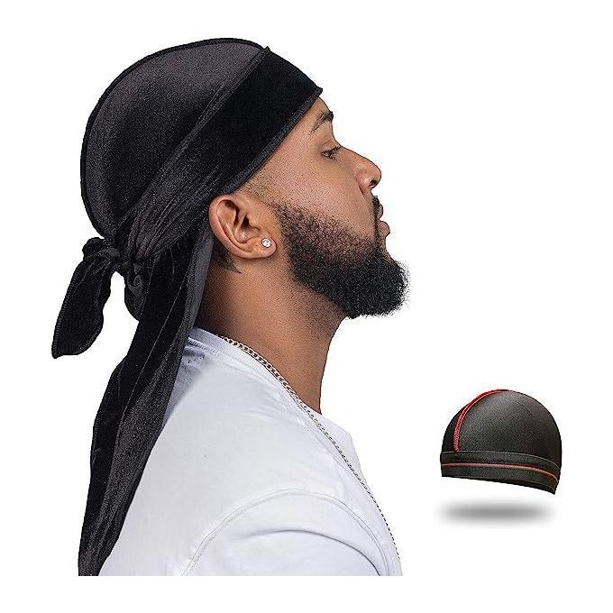 QUALITY GUARANTEED - Premium Silk/Velvet/Bandana Black Durags with Long Tail Colorful 360 Waves Cap Doo rag for Men Du-rag