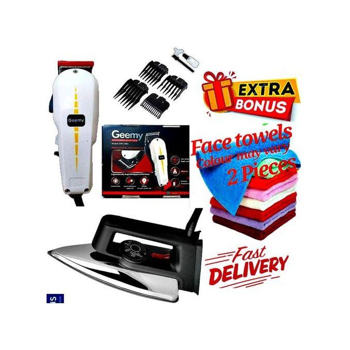Geemy ELECTRIC Professional HAIR Clipper SHAVER / Beard Trimmer- Shaving MACHINE-KINYOZI + GIFTS ELECTRIC IRONING BOX // IRONBOX 1000W & 2 Pieces Face Towels
