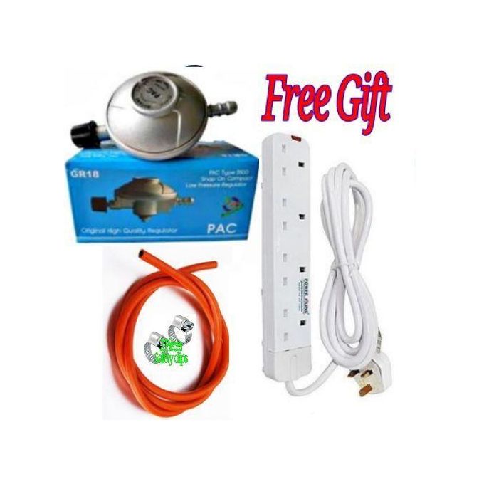 Pac Original Universal 6kg Gas //6 Kg Cylinder Regulator For 2 Meko Table Top Cooker & Clips & 2M Delivery Pipe For Standing Cooker & Table3+ Free 4 Way Power Extension Cable