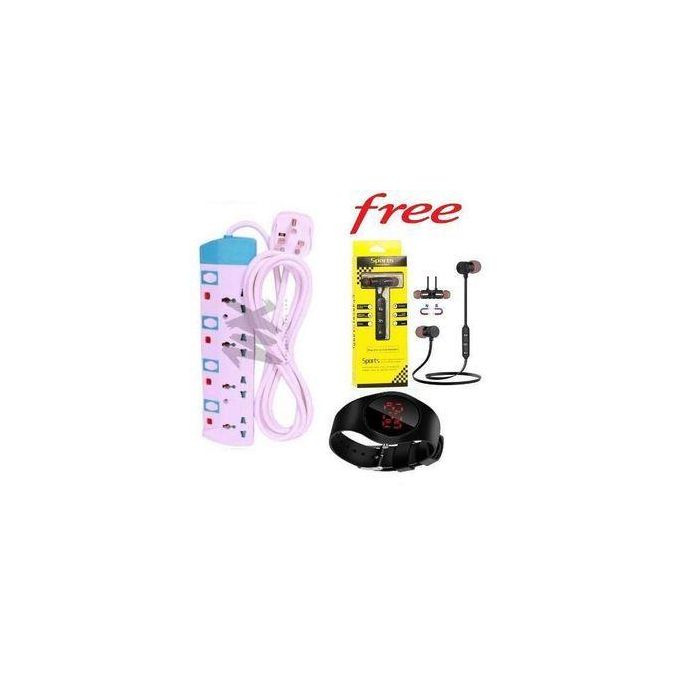 Power King Home Best 4-Way Power Extension with Long Cable + Free Neckband Bluetooth Earphones & watch