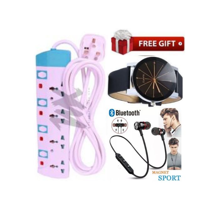 Power King Smart Home Best 4-Way Power Extension with Long Cable + Free Neckband Bluetooth Earphones & Classic watch .