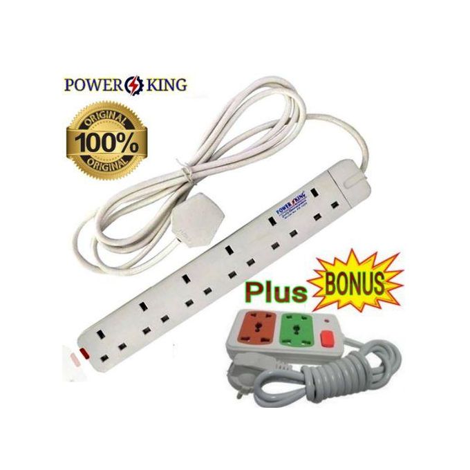 Power King Universal Plug Electronic 6 Way Multifunctional Plug Extension With Long Cable Socket, 3m Long Cable+ FREE 2 Way Power Extension.