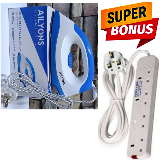 AFFORDABLE AILYON BEST Quality HD-198A Electric Dry Iron Box // Ironbox - White & Blue + FREE 4-WAY POWER EXTENSION CABLE SOCKET POWER STRIP & AUTOMATIC BUCKLE MEN LEATHER BELT