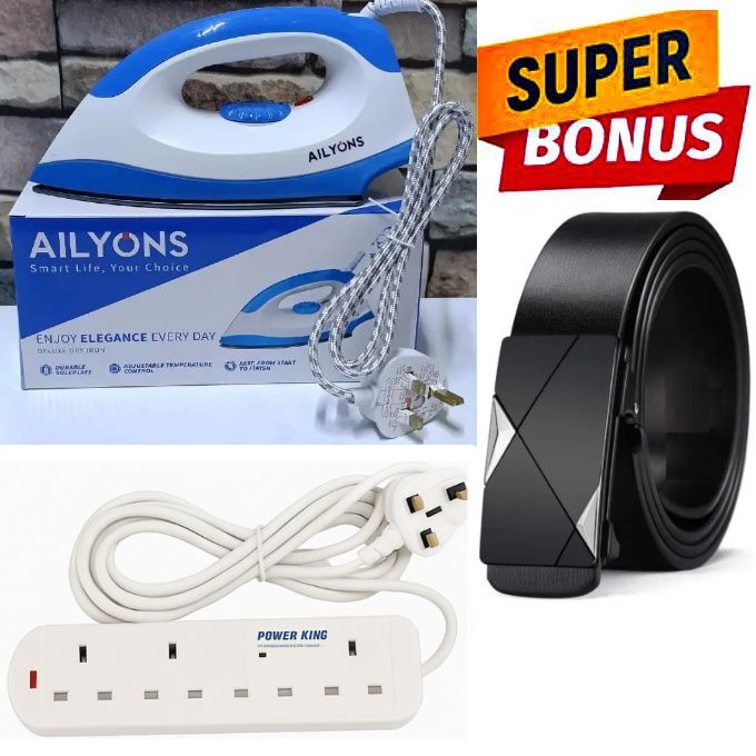 AFFORDABLE AILYON BEST Quality HD-198A Electric Dry Iron Box // Ironbox - White & Blue + FREE 4-WAY POWER EXTENSION CABLE SOCKET POWER STRIP & AUTOMATIC BUCKLE MEN LEATHER BELT