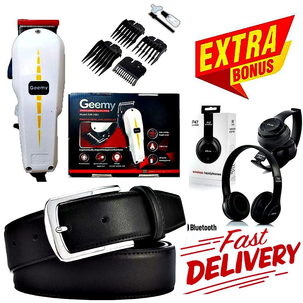 GEEMY ELECTRIC HAIR SHAVER And BEARD TRIMMER BARBERING KINYOZI MACHINE + BONUS BLUETOOTH WIRELESS HEADPHONES & LEATHER BELT