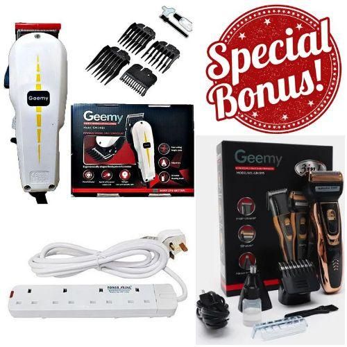 PROFESSIONAL / KINYOZI HAIR CUTTING / SHAVING MACHINE // Geemy Professional Barbering Hair/Shaving Machine-Kinyozi & 4 Way Power Extension Cable & Rechargeable Smart 3 in 1 Hair Clipper/Trimmer