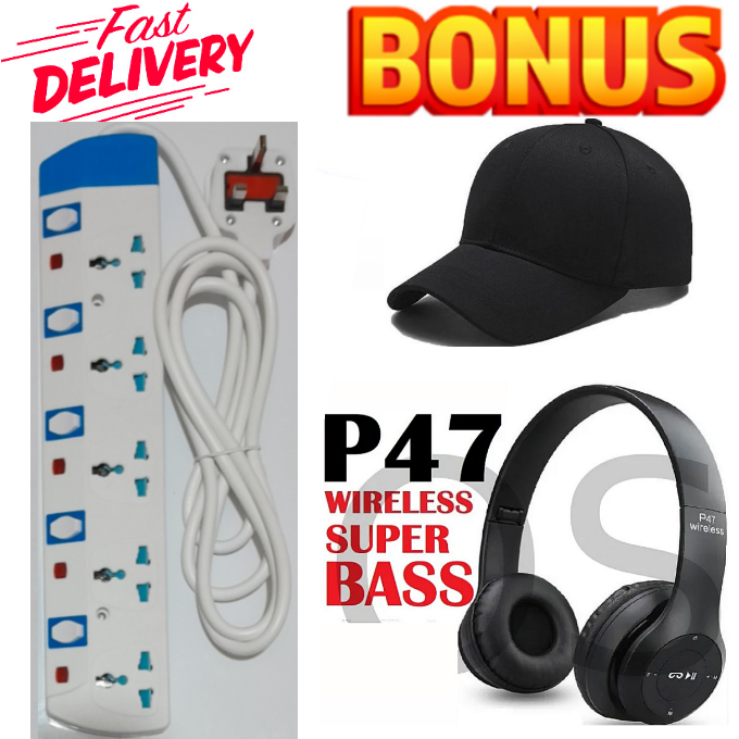 5 Way Power Extension Cable Socket With Safety Switches + VALUE BONUS Bluetooth Wireless Headphones & Cap