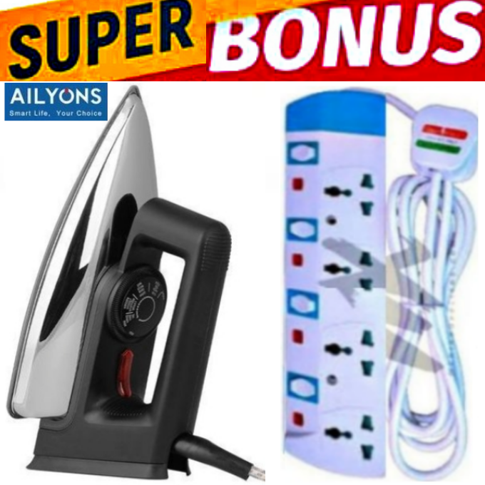 AILYON Quality HD-199A Electric Dry Iron Box // Ironbox + 4 WAY POWER EXTENSION CABLE SOCKET WITH SAFETY SWITCHES