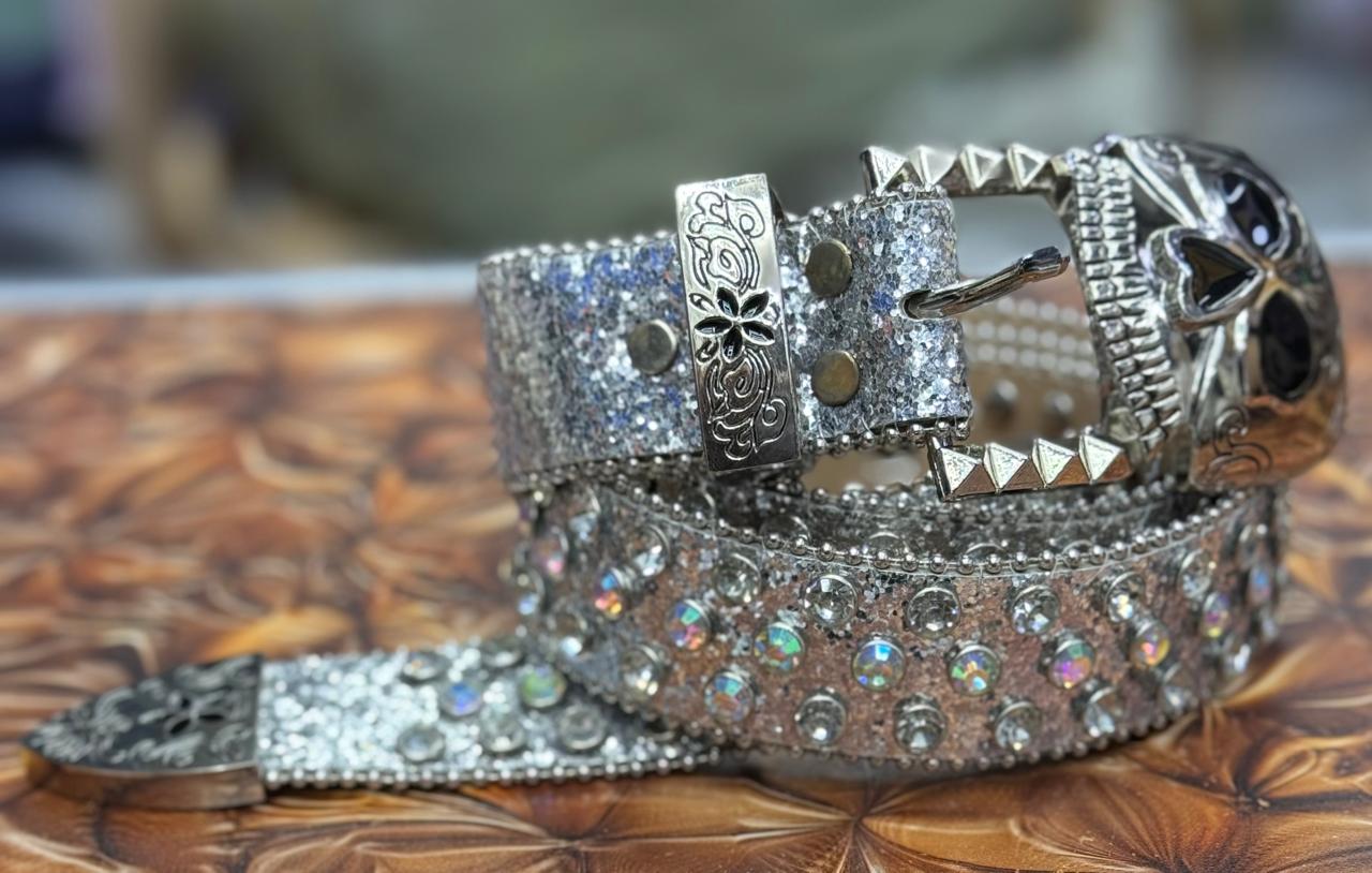diamond skull belt western denim metal buckle punk shiny Y2K jeans jacket belt