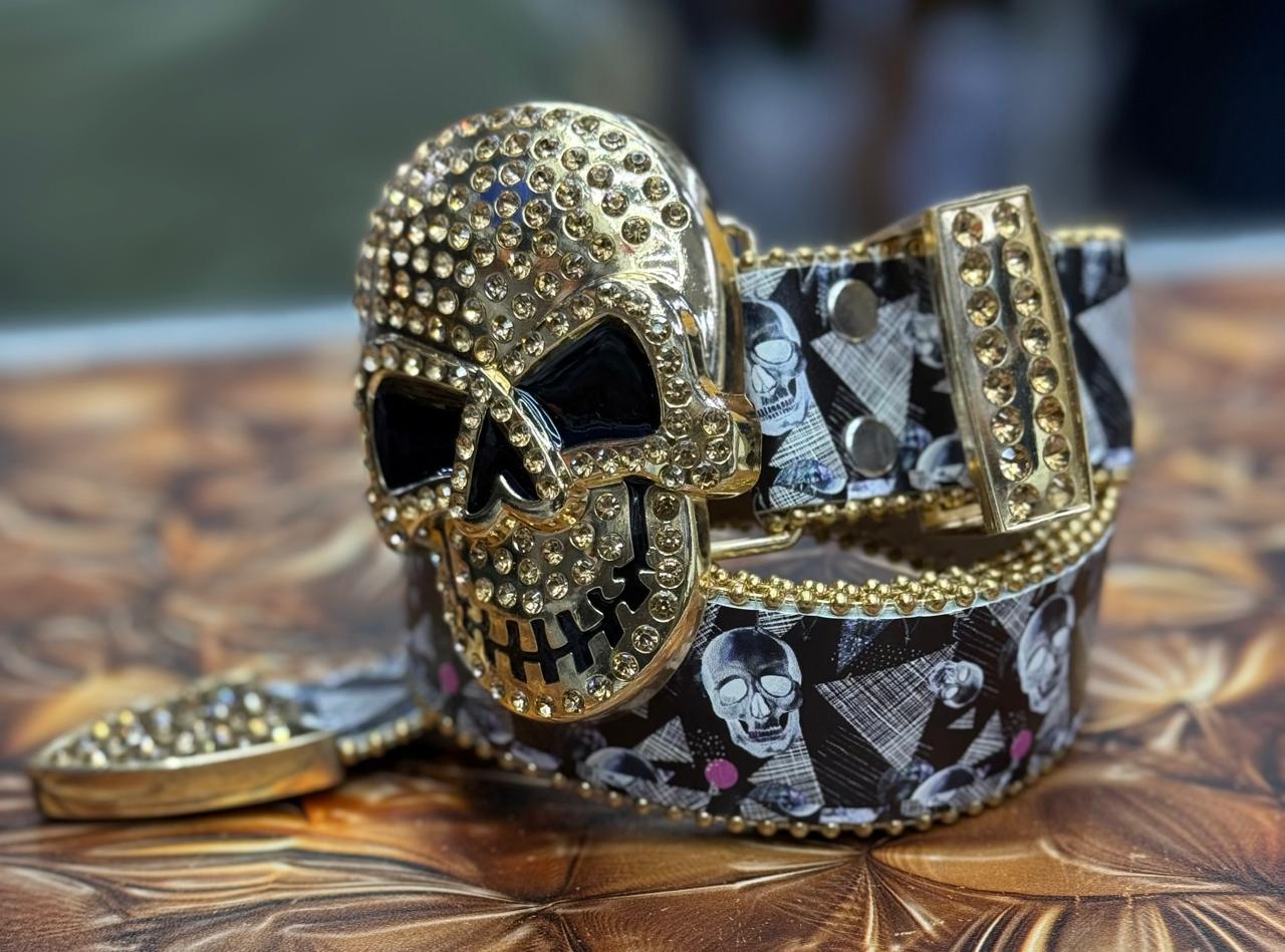 diamond skull belt western denim metal buckle punk shiny Y2K jeans jacket belt