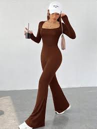 [New] Wideleg RIBBED Longsleeve Jumpsuit Catsuit Flared Bottom Wide Leg Pants Women Jumpsuit Casual Athletic Trendy Stylish Fashion Everywhere Everyday Wear Ladies Baddie Comfy-Chic ONE SIZE 1PC