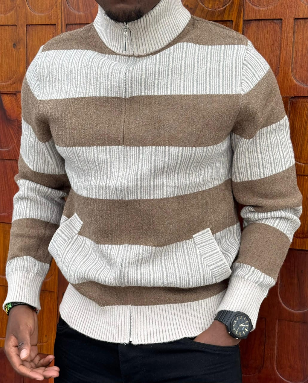 Excellent Quality Fashion Modern Stylish Long Sleeve Warm Men's Striped Full-Zip Cardigan Sweater.