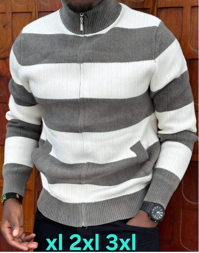 Excellent Quality Fashion Modern Stylish Long Sleeve Warm Men's Striped Full-Zip Cardigan Sweater.