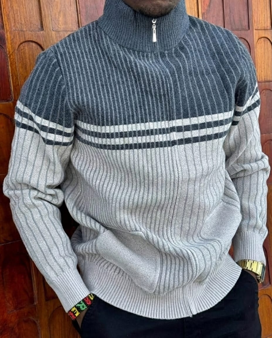 Excellent Quality Fashion Modern Stylish Long Sleeve Warm Men's Striped Full-Zip Cardigan Sweater.