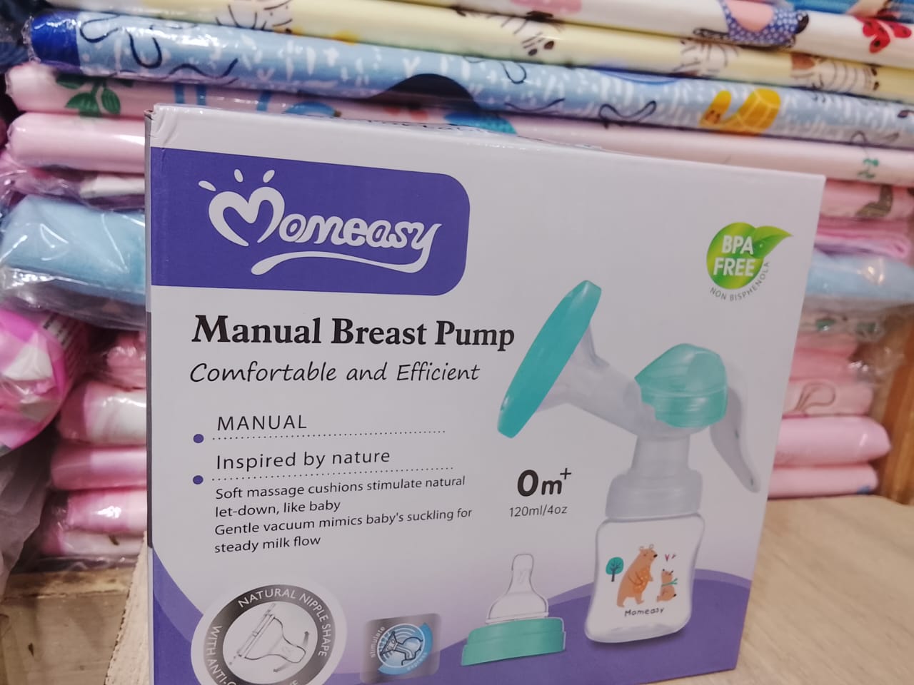 Momeasybreast pump 120 ml  This pump is specially designed to collect the leaking milk while nursing on the other side. It pumps out the milk from your breast by the natural pressure. It is more gentl
