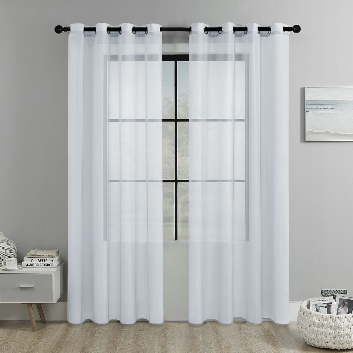 1pc white Sheer Curtains - Ring Top Window Curtains Basket Semi Shading Living Room Bedroom Decoration Curtain