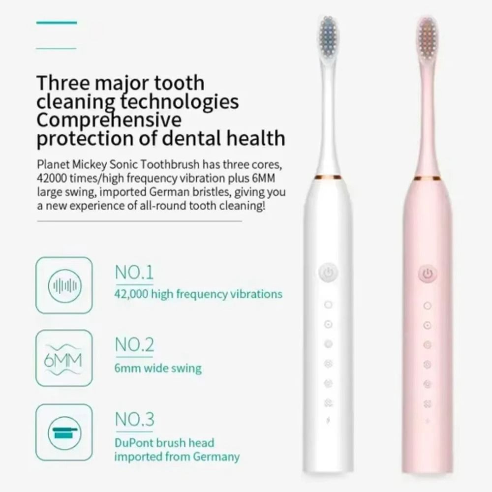 Electric toothbrush adult toothbrush IPX7 waterproof DuPont brush head rechargeable fully automatic sound wave fine soft bristle USB rechargeable 6 modes, with replacement brush head