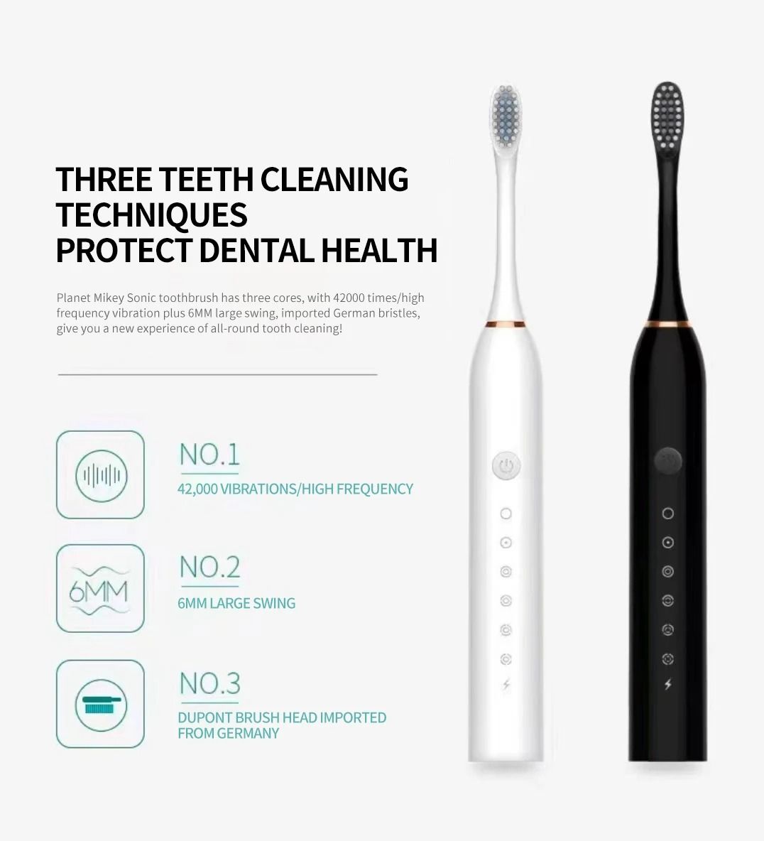 Electric toothbrush adult toothbrush IPX7 waterproof DuPont brush head rechargeable fully automatic sound wave fine soft bristle USB rechargeable 6 modes, with replacement brush head