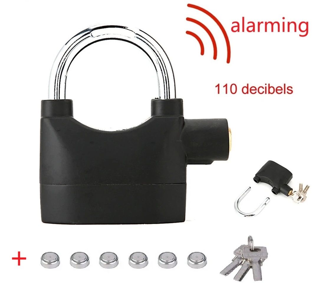 Padlock Alarm Lock Siren Home Tools Household Sensors Alarms Alarm Lock Aluminum Alloy Anti-Theft Lock Warehouse Door Lock Bicycle Motorcycle Disc Brake Lock Anti-Theft Lock +6 Batteries+ 3 Keys