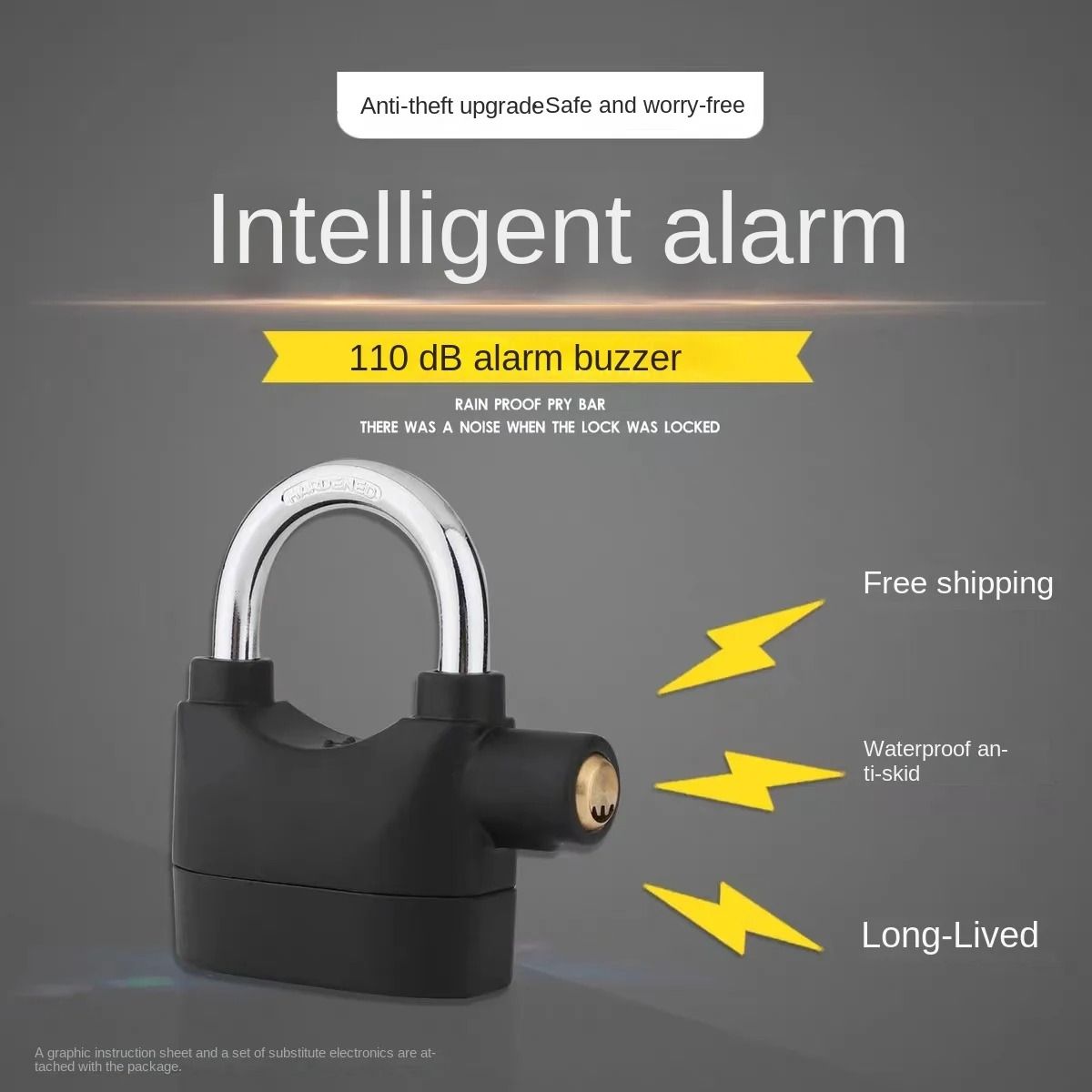 Smart Alarm Lock Security Padlock Siren Home Tools Household Sensors Alarms Lock Aluminum Alloy Anti-Theft Lock Warehouse Door Lock Bicycle Motorcycle Disc Brake Lock Anti-Theft Lock 6 Batteries 3 key