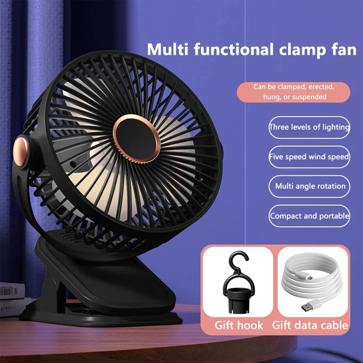 New 3 in 1 multi function portable clip fan 360° rotation USB chargable silent table fan Electric Fan with Night Light Desk Fan Student Dormitory Five Speeds Mini Fan forHome Office Car Outdoor Travel