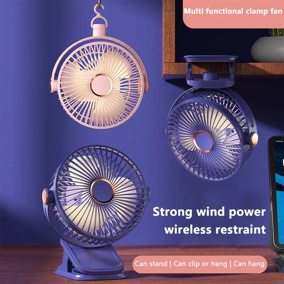 New 3 in 1 multi function portable clip fan 360° rotation USB chargable silent table fan Electric Fan with Night Light Desk Fan Student Dormitory Five Speeds Mini Fan forHome Office Car Outdoor Travel