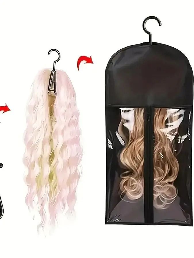 Premium Hair Extension Holder Wig Storage Bags Fashion durable with Sturdy Metal Hangers Transparent Design for Multiple Wigs Dust-proof Storage Organizer with Hook Hair Extensions for Salon Home Use