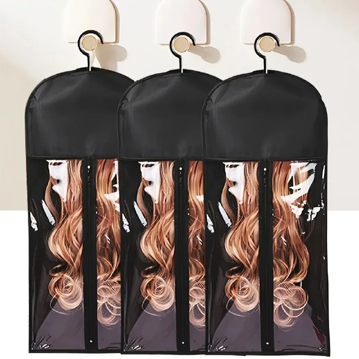 Premium Hair Extension Holder Wig Storage Bags Fashion durable with Sturdy Metal Hangers Transparent Design for Multiple Wigs Dust-proof Storage Organizer with Hook Hair Extensions for Salon Home Use
