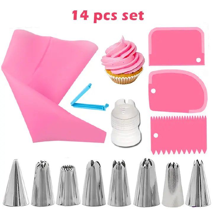 14Pcs/Set Icing Piping Nozzles Set with Pastry Bag Scraper Cream Tips Reusable Cake Decorating Tool