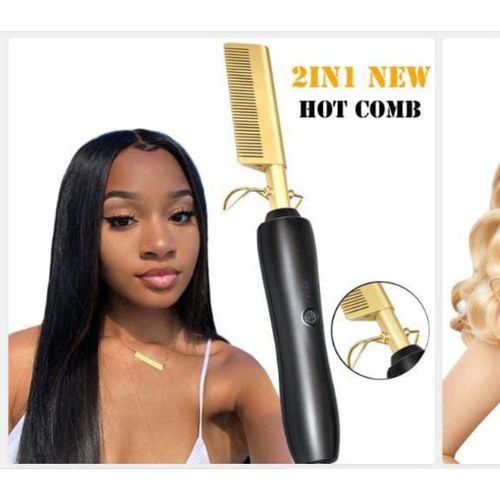 2 In 1 Comb Electric Heating Comb Hair Straightener Curler Wet Dry Heat Ceramic Hair Press Comb Hair Smooth Flat Tool-Gold