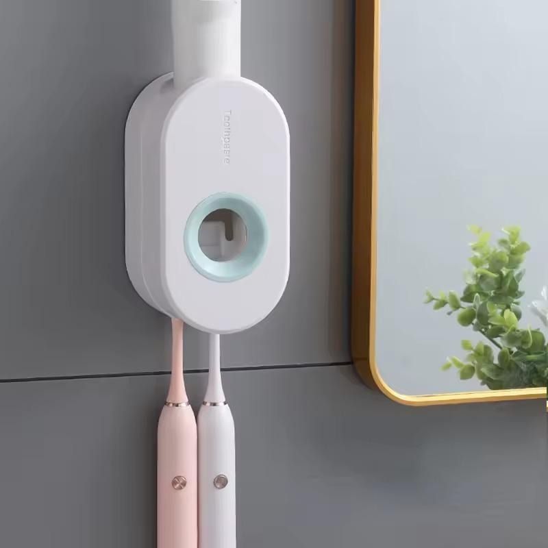 Automatic Toothpaste Dispenser Toothbrush Holder Kit Wall-Mounted Bathroom Toothpaste Squeezer Punch-Free Easy Install Toothbrush Holder Rack Bathroom Accessories-