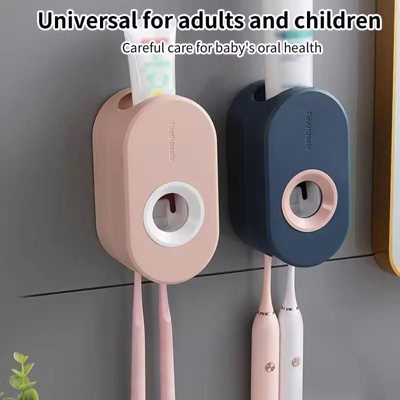 Automatic Toothpaste Dispenser Toothbrush Holder Kit Wall-Mounted Bathroom Toothpaste Squeezer Punch-Free Easy Install Toothbrush Holder Rack Bathroom Accessories-