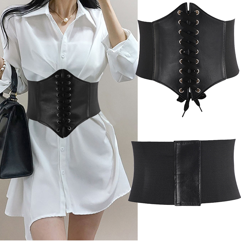 Waist Belt Female Dress Waistband, Ladies Wide Corset Belts, Elastic Stretch Belts Corset Belt Wide Elastic Tied Waspie Belts Lace-up Leather Waist Belts European American Vintage Style -