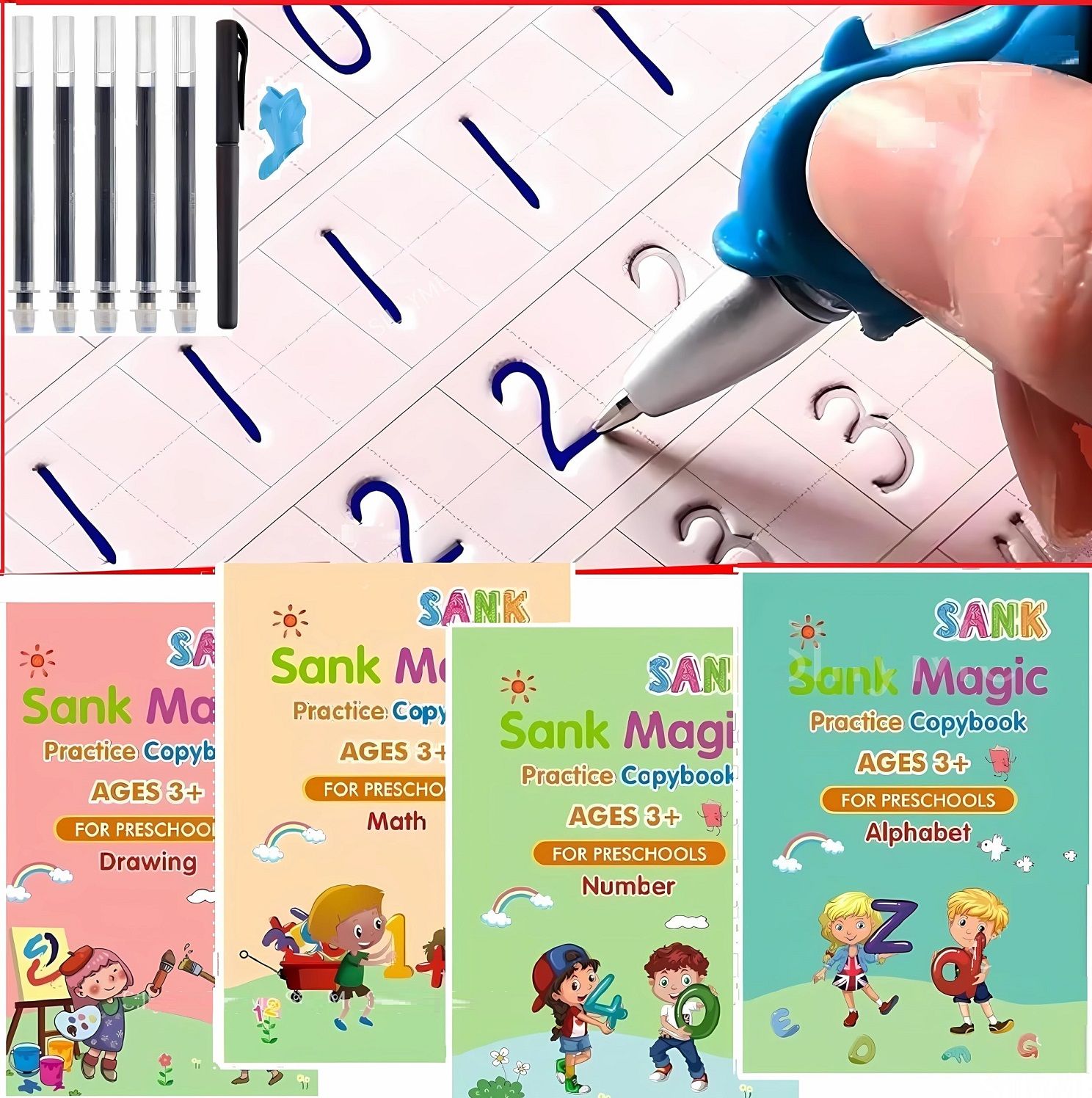 Kids Reusable 4 Pcs Set Sank Magic Practice Copycat Early Education Handwriting Books With Pens