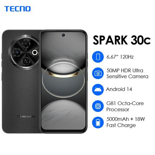 Tecno Spark 30C ,Android 14, 6.6",128GB Storage+ 4GB RAM(Expandable Upto 8GB RAM),50MP Camera,5000mAh 18Watts Fast Charge (Dual Sim)-Smartphones