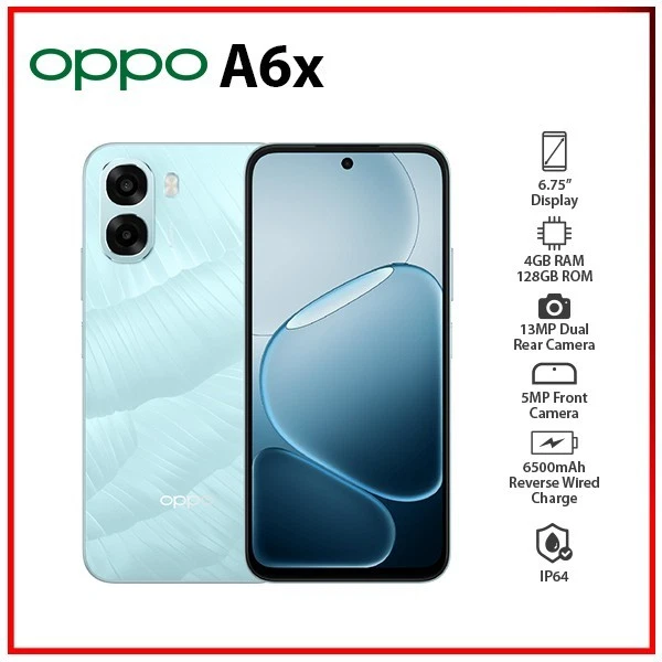 New Arrival OPPO A6X 4GB RAM + 128GB ROM, 6.75" 120Hz HD+ Display, 6100mAh Battery, 45W Fast Charge, Dual SIM with Side Fingerprint, 13MP Rear and 5MP Front Camera Phone Smartphone.