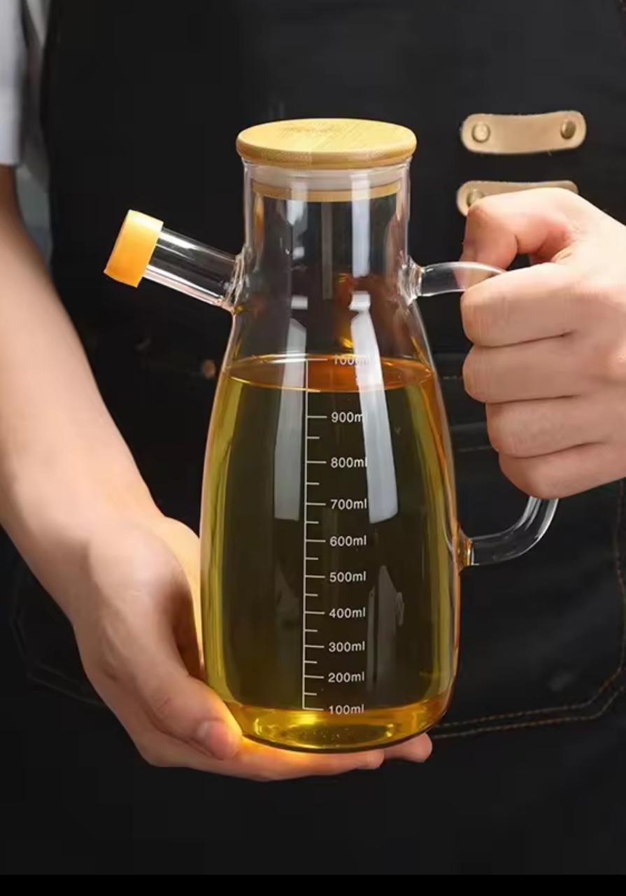650ML and 1000ML oil vinegar dispenser glass jug side spout and wooden bamboo cork