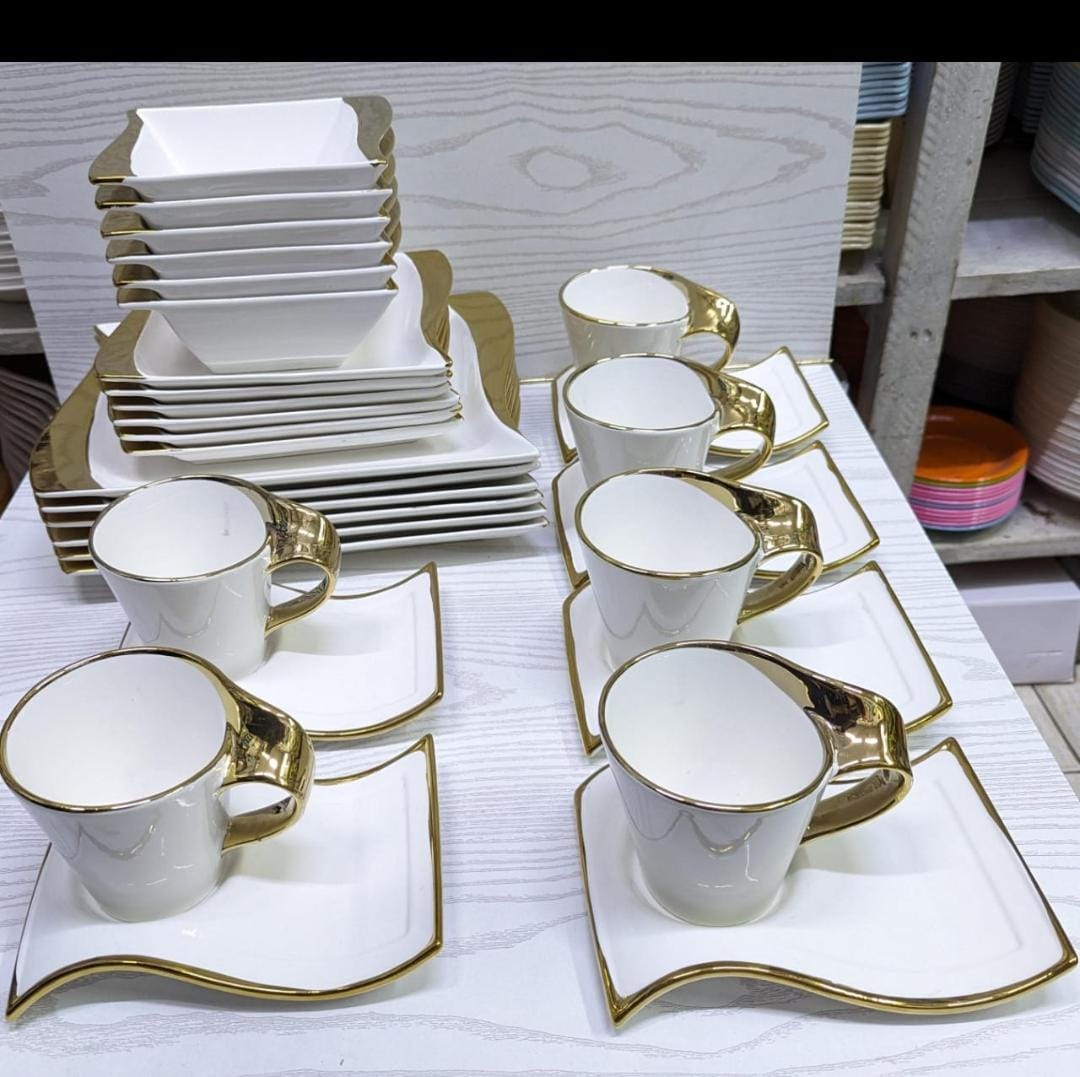 DINNER SET. 30pcs wavy gold dinner set, 30 PCs set, 6 cups, 6 saucers, 6 bowls, 6 side plates, 6 plates, Dishwasher & Microwave safe.