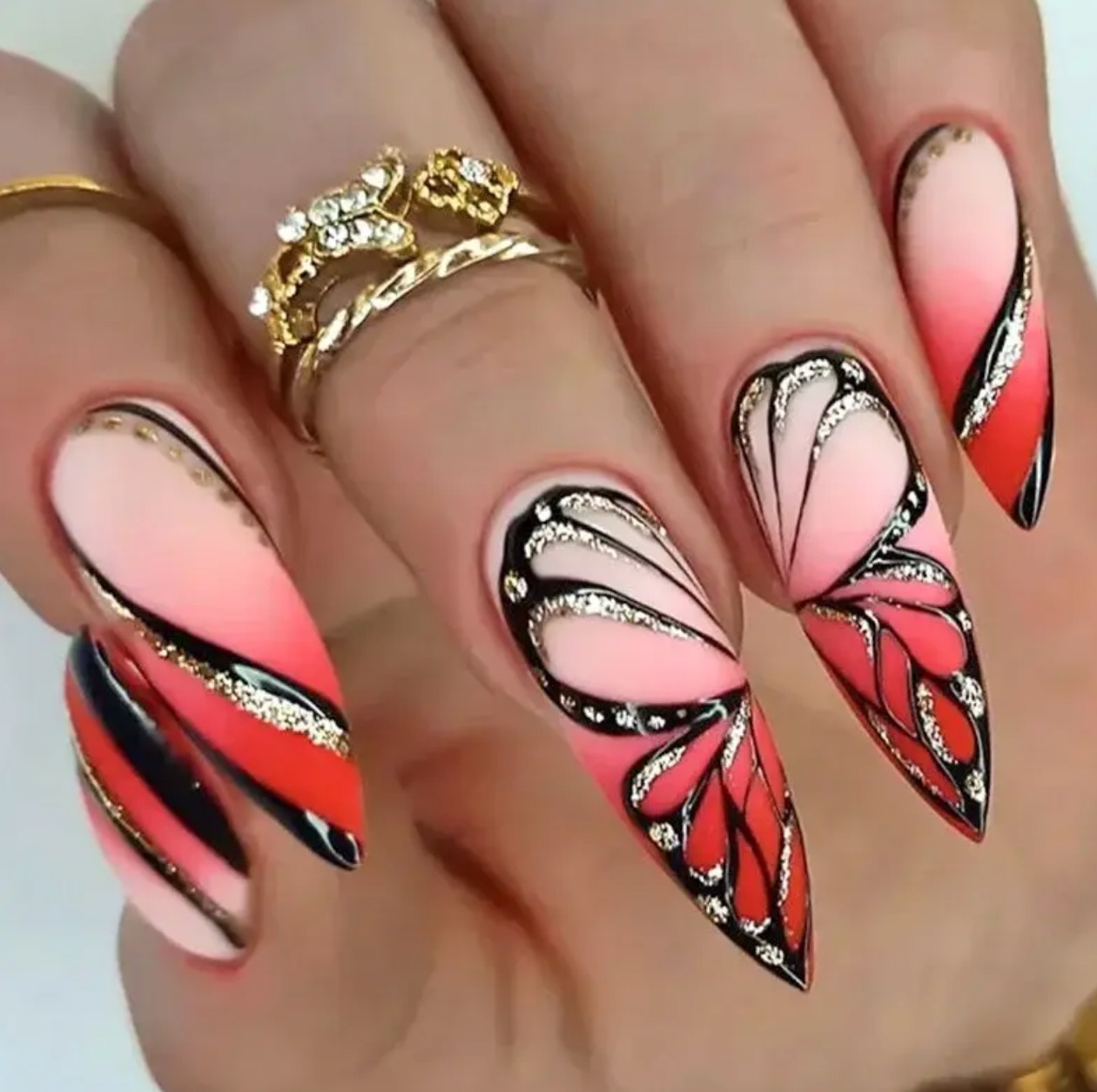 24Pcs Long Stiletto Press on Nails Box Acrylic False Nails with Almond Designs Black Gold Foil French Full Cover Fake Nail Tips