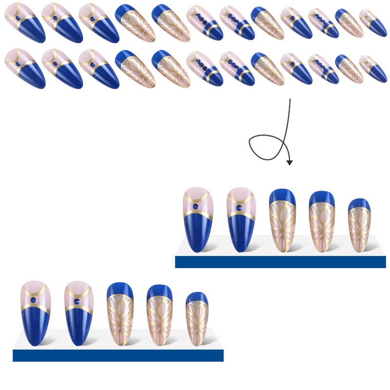 24Pcs Long Stiletto Press on Nails Box Acrylic False Nails with Almond Designs Black Gold Foil French Full Cover Fake Nail Tips