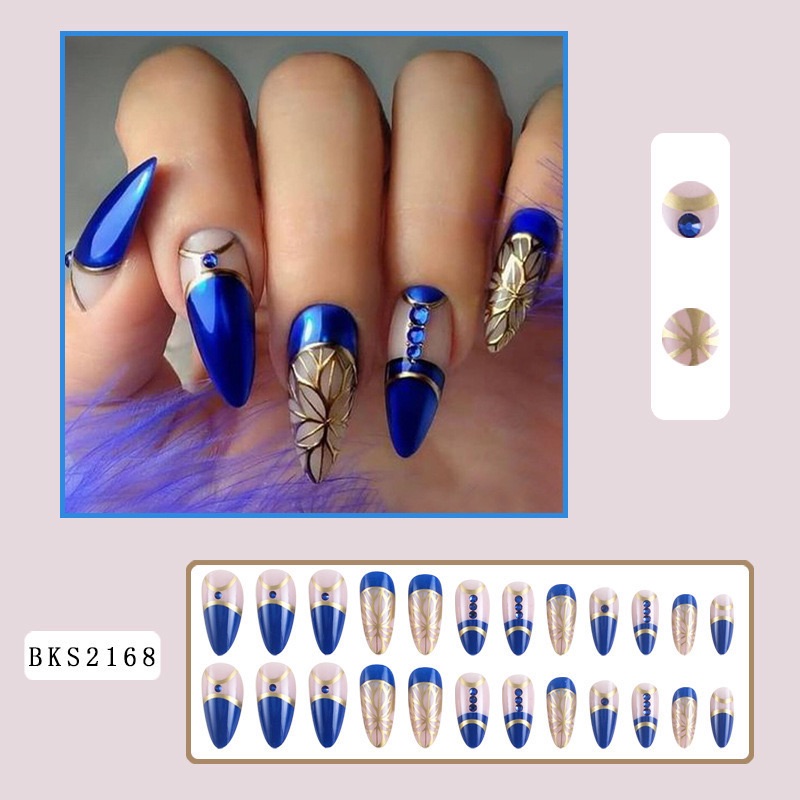 24Pcs Long Stiletto Press on Nails Box Acrylic False Nails with Almond Designs Black Gold Foil French Full Cover Fake Nail Tips