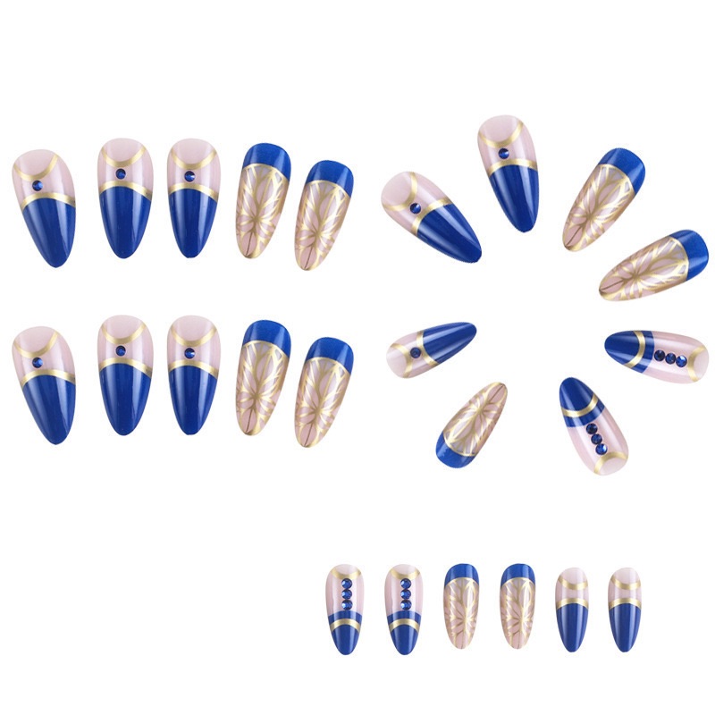 24Pcs Long Stiletto Press on Nails Box Acrylic False Nails with Almond Designs Black Gold Foil French Full Cover Fake Nail Tips